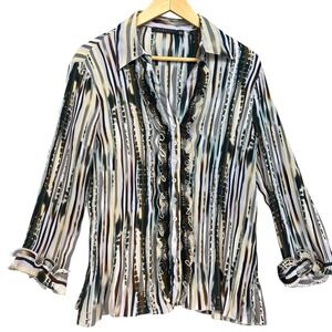Sioni Ruffle Front Abstract Stripe‎ Pleated Blouse Bell Sleeves Multicolor XL